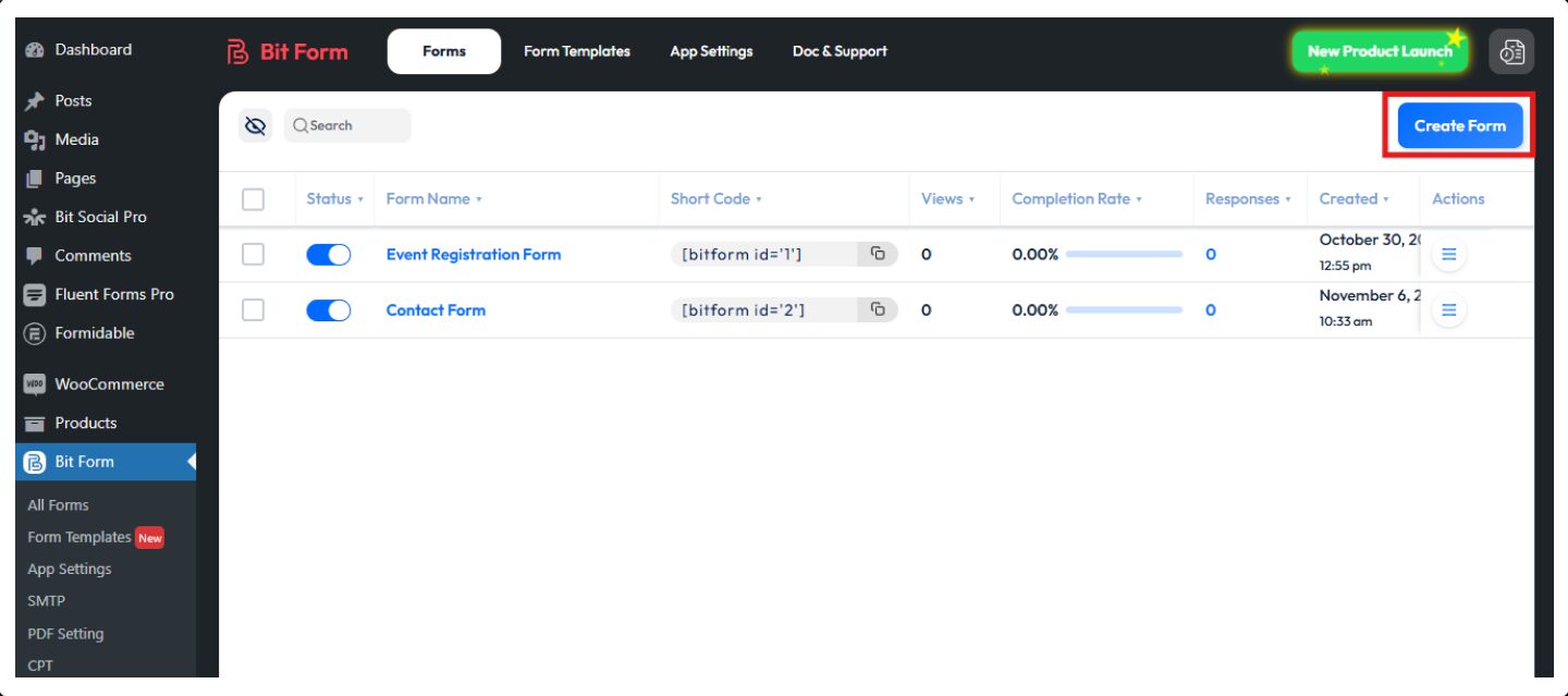 Create a new form in bit form
