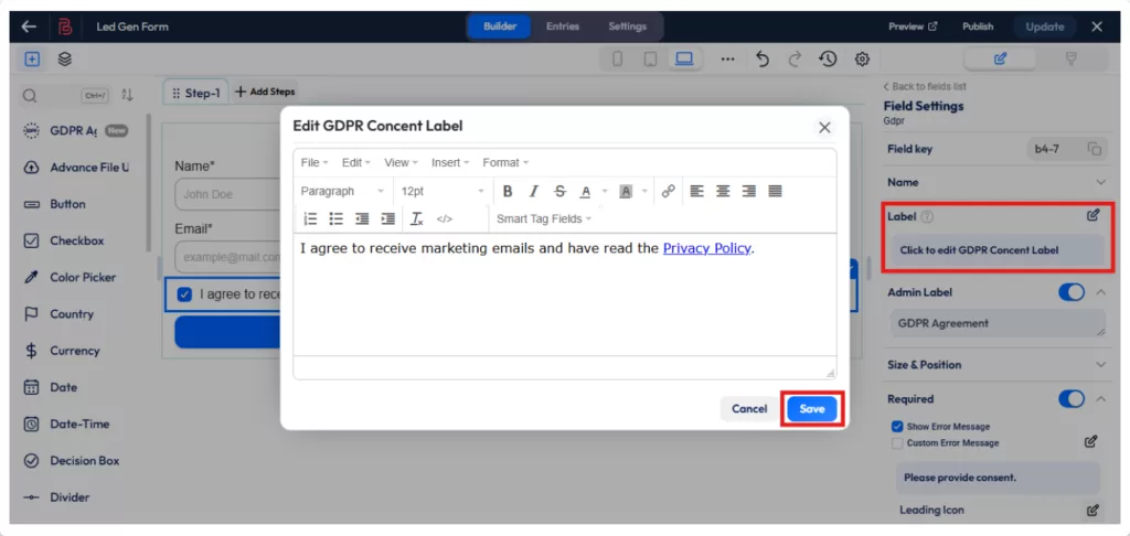 GDPR field wordpress