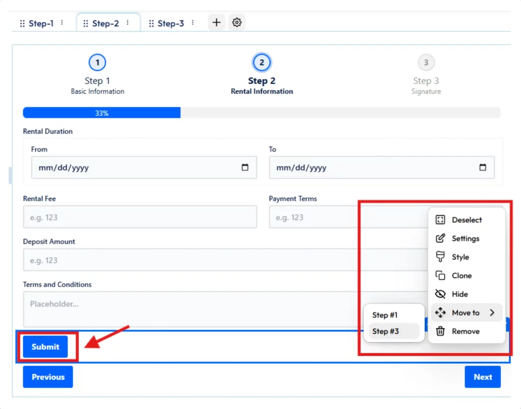 move the submit button to the last step 1