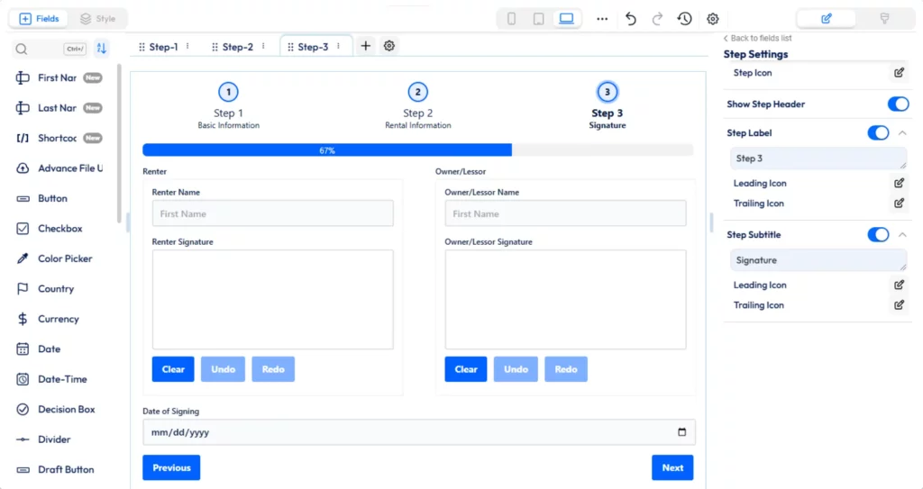 rental form signature fields 1