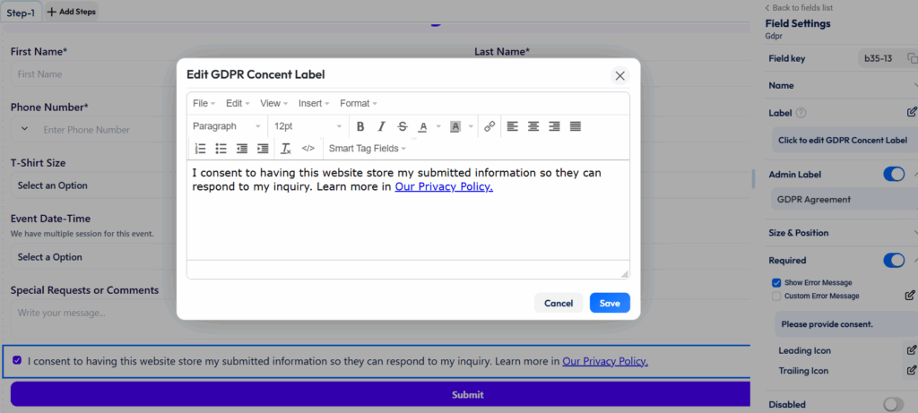 GDPR field in Bit Form