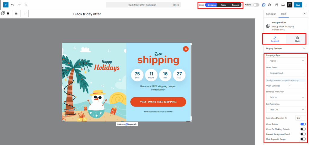 Customize the popup
